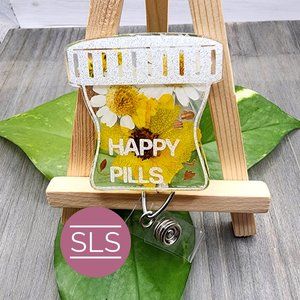 Customizable Floral Pill Bottle Badge Reel-Happy Pill Pharmacy Badge Holder